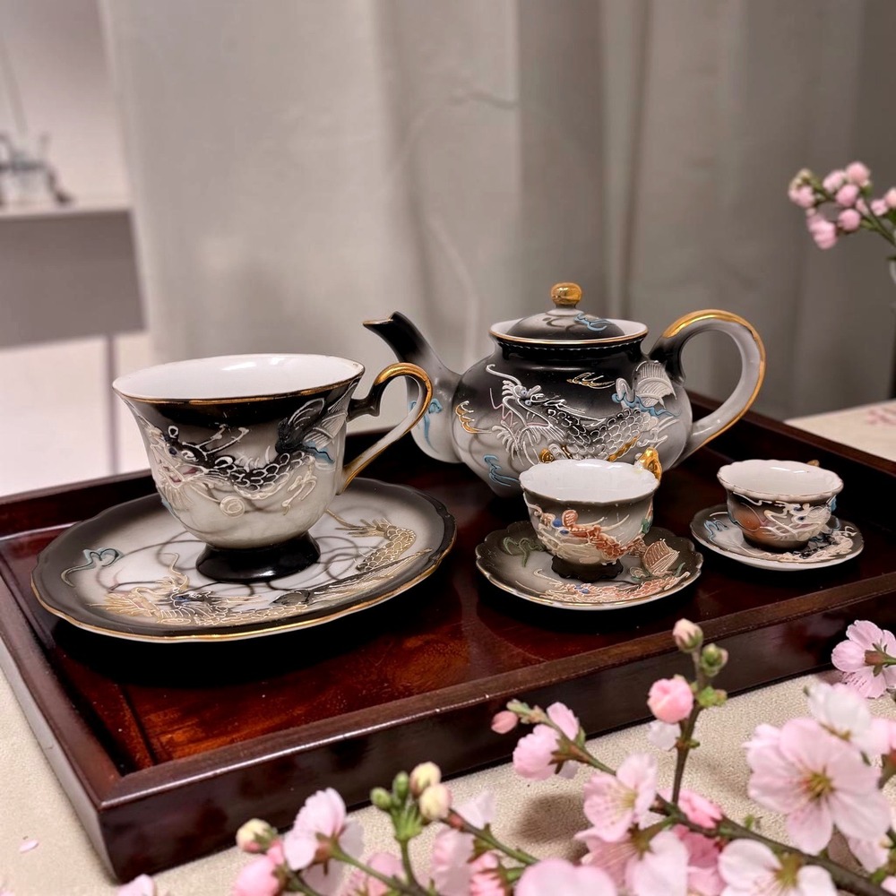 Vtg Acra China Japan Dragonware Mommy and Me Tea Set Black Moriage 7pc